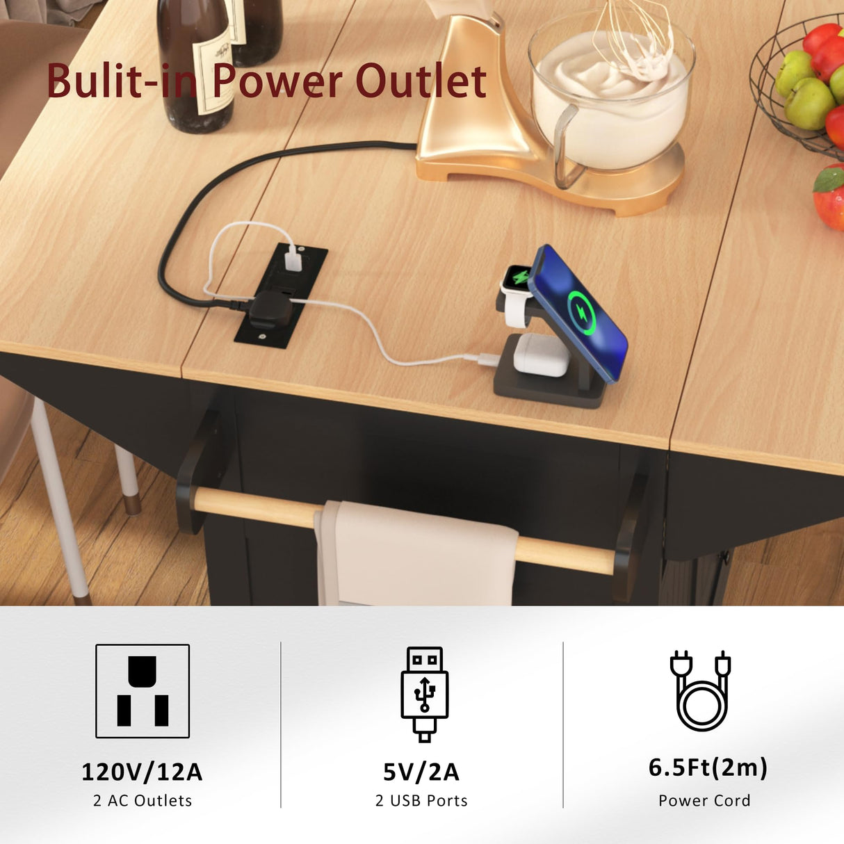 eodme Kitchen Island with 2 Drop Leaf, Home Cart Island on Wheels Foldable Dining Table with Power Outlets,3 Drawers,Storage Cabinet, Tower Rack(Black) eodme