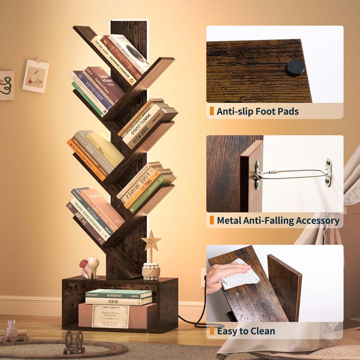 Yoobure Tree Bookshelf with LED Light, 6 Tier Book Shelf, Small Bookcase Narrow Bookshelves with Storage, Wood Book Case Organizer for CDs/Books, Floor-Standing Rack for Bedroom, Office, Rustic Brown Yoobure