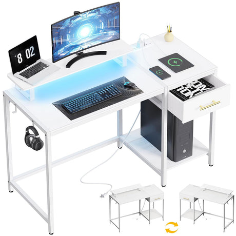 Lkeiyay White Gaming Desk with Led Lights & Power Outlet, 48 inch Computer Desk with Wooden Drawers, Monitor Stand & Headphone Hook,Home Office Desk Lkeiyay