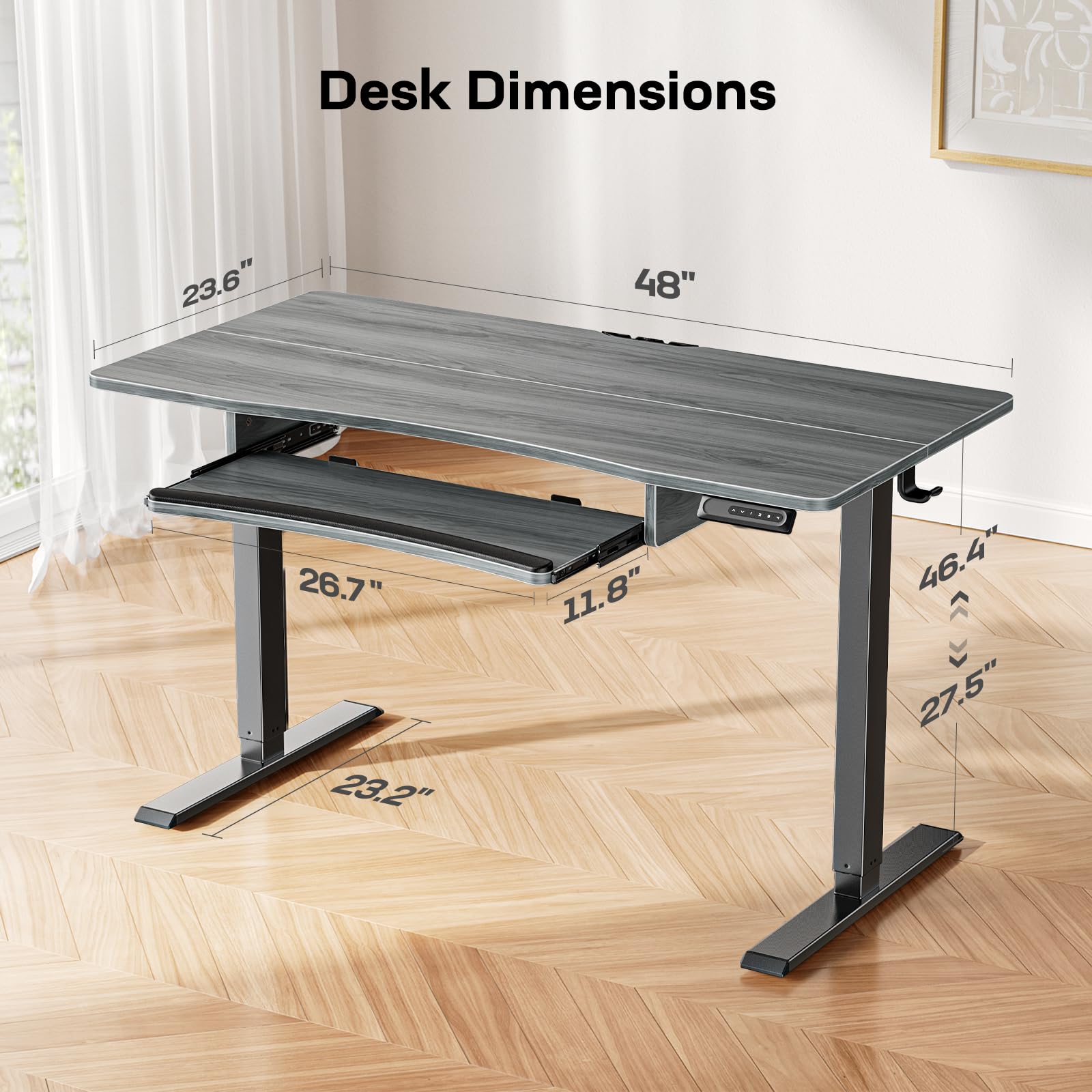 HUANUO Standing Desk Adjustable Height, 48" x 24" Electric Stand Up Desk for Home Office with Large Keyboard Tray(26.7"), 4 Memory Height Setting, Computer Workstation, Grey - WoodArtSupply