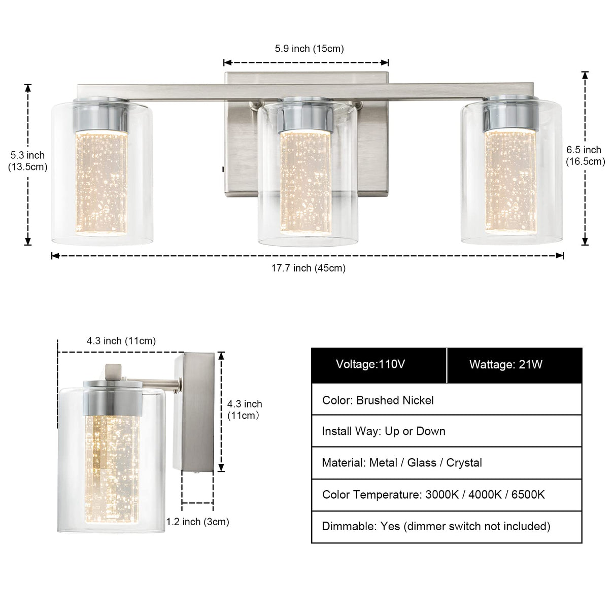SineRise 3-Light Brushed Nickel Vanity Light with 3 Color Modes (3000K/4000K/6000K), Eye Protection LED Bathroom Light Fixture, Dimmable Modern Wall Light Over Mirror with Clear Glass Shade SineRise