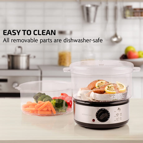 OVENTE 2 Tier Electric Food Steamer for Cooking Vegetables, Stainless Steel Base, Stackable and Dishwasher Safe Baskets, 400W with Auto Shutoff and 60-Minute Timer, 5 Quart Capacity, Silver FS62S OVENTE