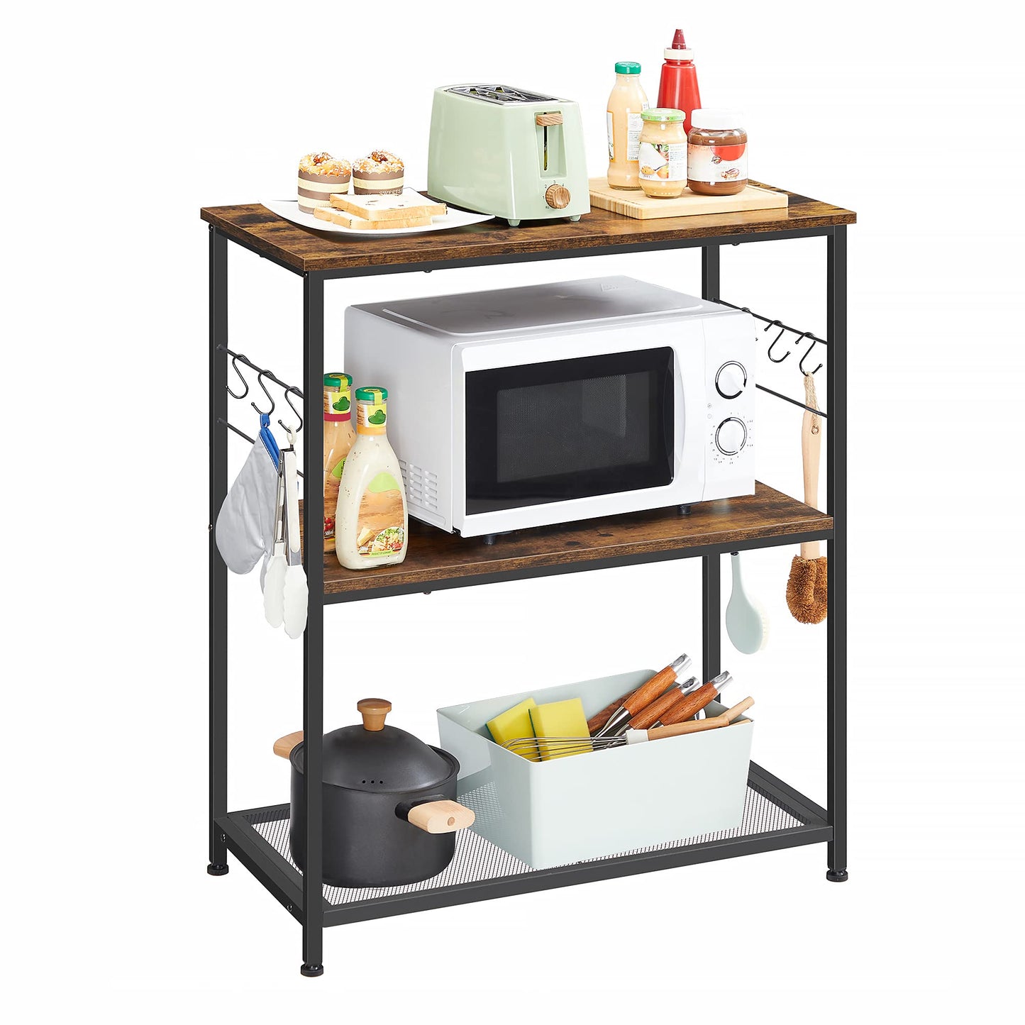 VASAGLE Baker s Rack, Kitchen Shelf, Kitchen Island, Microwave Oven Stand with 3 Open Shelves, 6 Hooks, Metal Frame, 15.7 x 31.5 x 35.4 Inches, Industrial, Rustic Brown and Black UKKI002B01