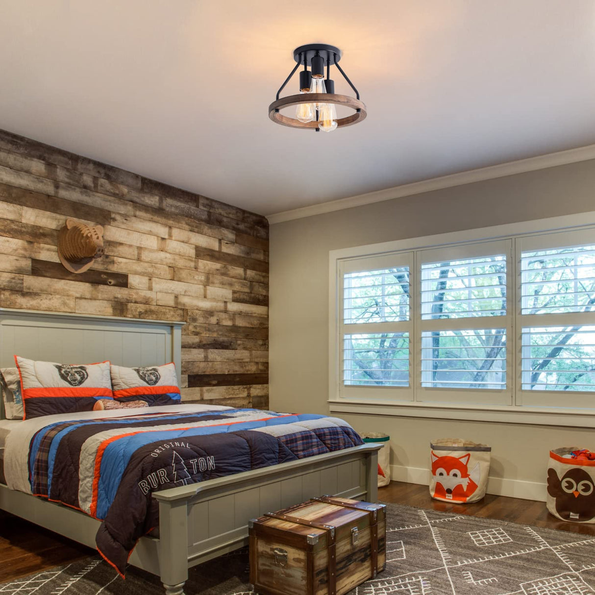 VILUXY Industrial Flush Mount Ceiling Light Fixture with Retro Wood Circle Shade for Hallway, Entryway, Bedroom, Balcony Passway 3-Light VILUXY