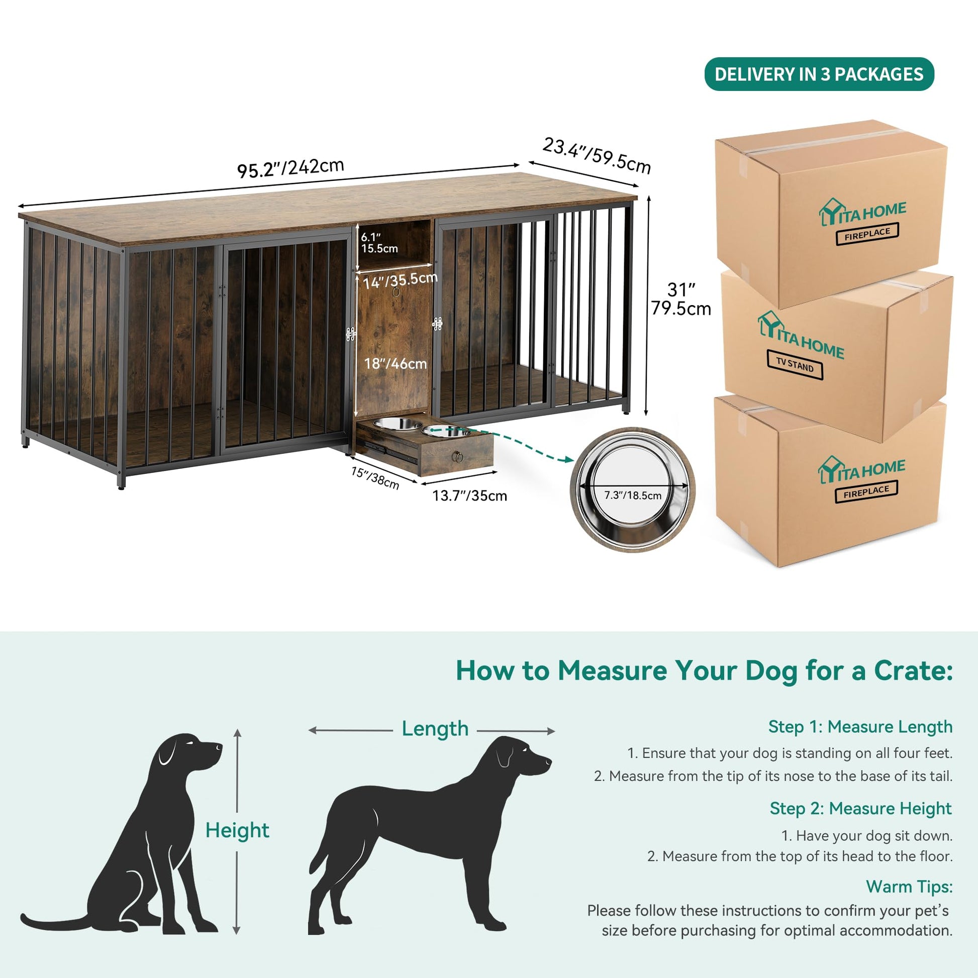 YITAHOME 94.5" Large Dog Crate Furniture with Feeder Bowls, Dog Crate Furniture Large Breed TV Stand with Room Divider and Drawer, Wooden Dog Kennel Furniture for 2 Large/Medium Dogs, Brown - WoodArtSupply