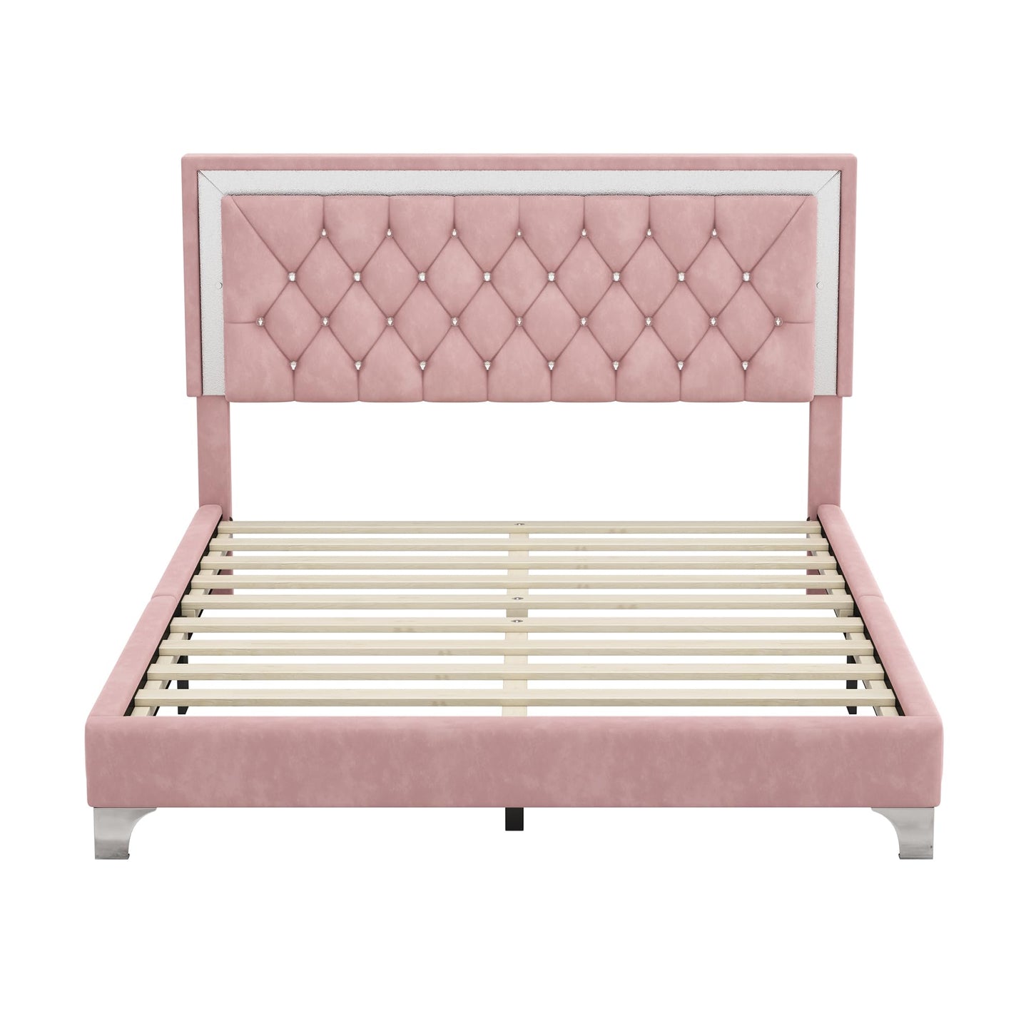 Flieks 3-Piece Pink Bedroom Set with Queen Upholstered Platform Bed and LED Lights, Including 2 Nightstands - WoodArtSupply