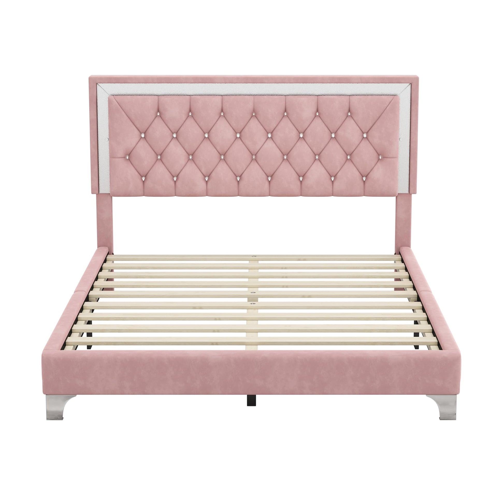 Flieks 3-Piece Pink Bedroom Set with Queen Upholstered Platform Bed and LED Lights, Including 2 Nightstands - WoodArtSupply