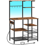 HOOBRO Bakers Rack with Power Outlet and LED Light, 6-Tier Microwave Stand with Wire Baskets, Coffee Bar Station, Kitchen Utility Storage Shelf with 4 Hooks, Rustic Brown and Black BF64UDHB01 HOOBRO