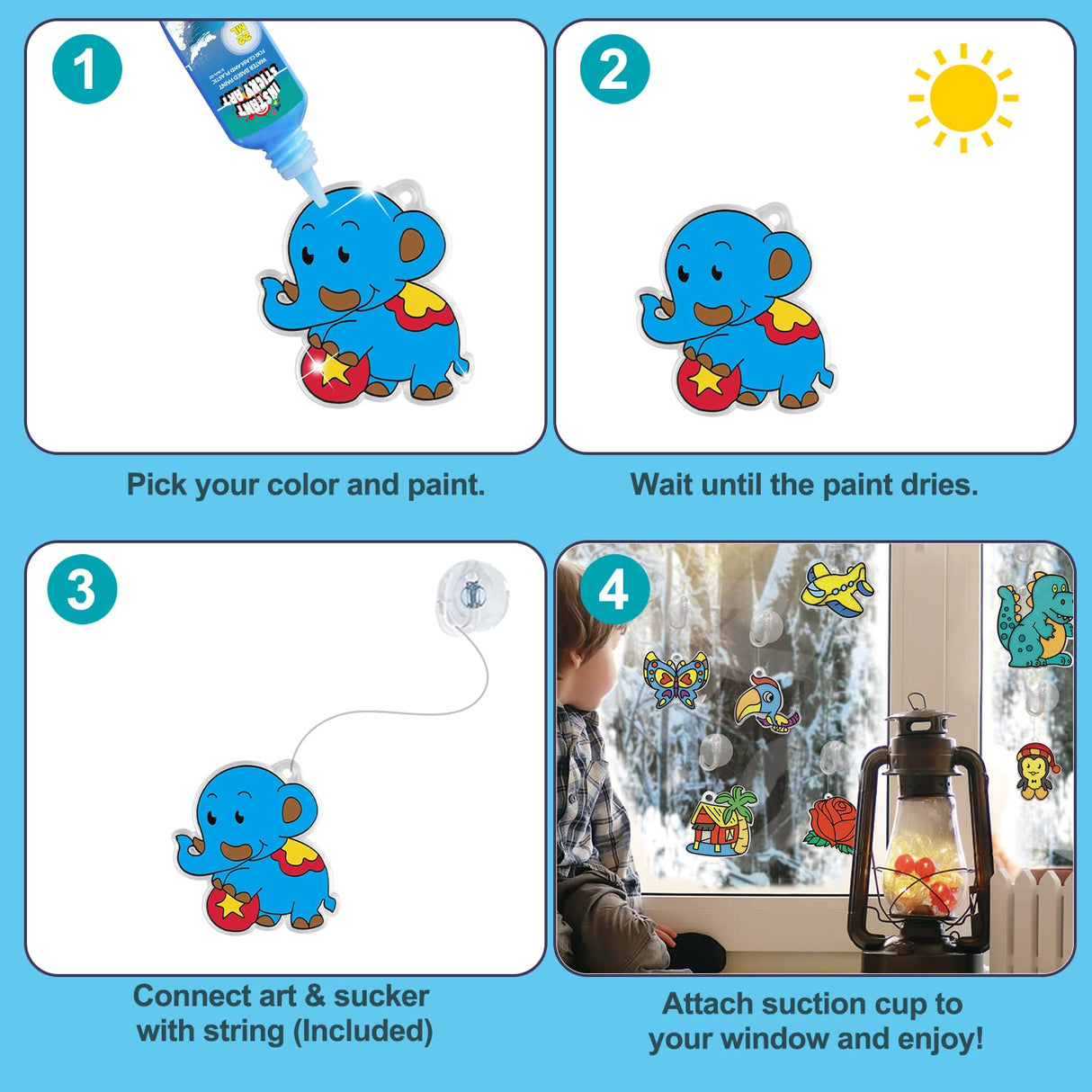 Window Paint Art, 36 Suncatchers Double Craft Kit for Kids – Children’s Make Your Own Fun Suncatcher Set Suction Cups DIY Car & Mirror Arts Crafts Children CAPKIT