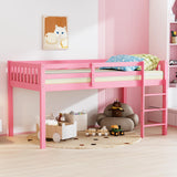 JOYMOR Low Loft Bed Twin Size with Stairs, Wooden Toddler Loft Bed for Kids, Junior，Young Teens，Pine Wood Twin Bed Frame, Space-Saving Design, No Box Spring Needed, Pink JOYMOR