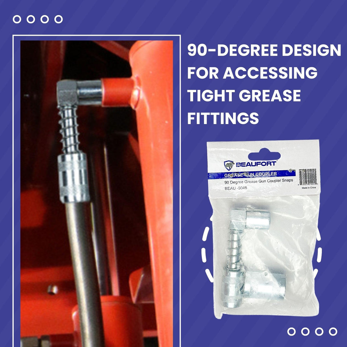 Grease Gun Coupler - 90 Degree Grease Coupler Snaps on to Grease Fittings in Tight Spaces - Joint - High Pressure Grease Nozzle Fittings - BEAU-5046 BEAUFORT
