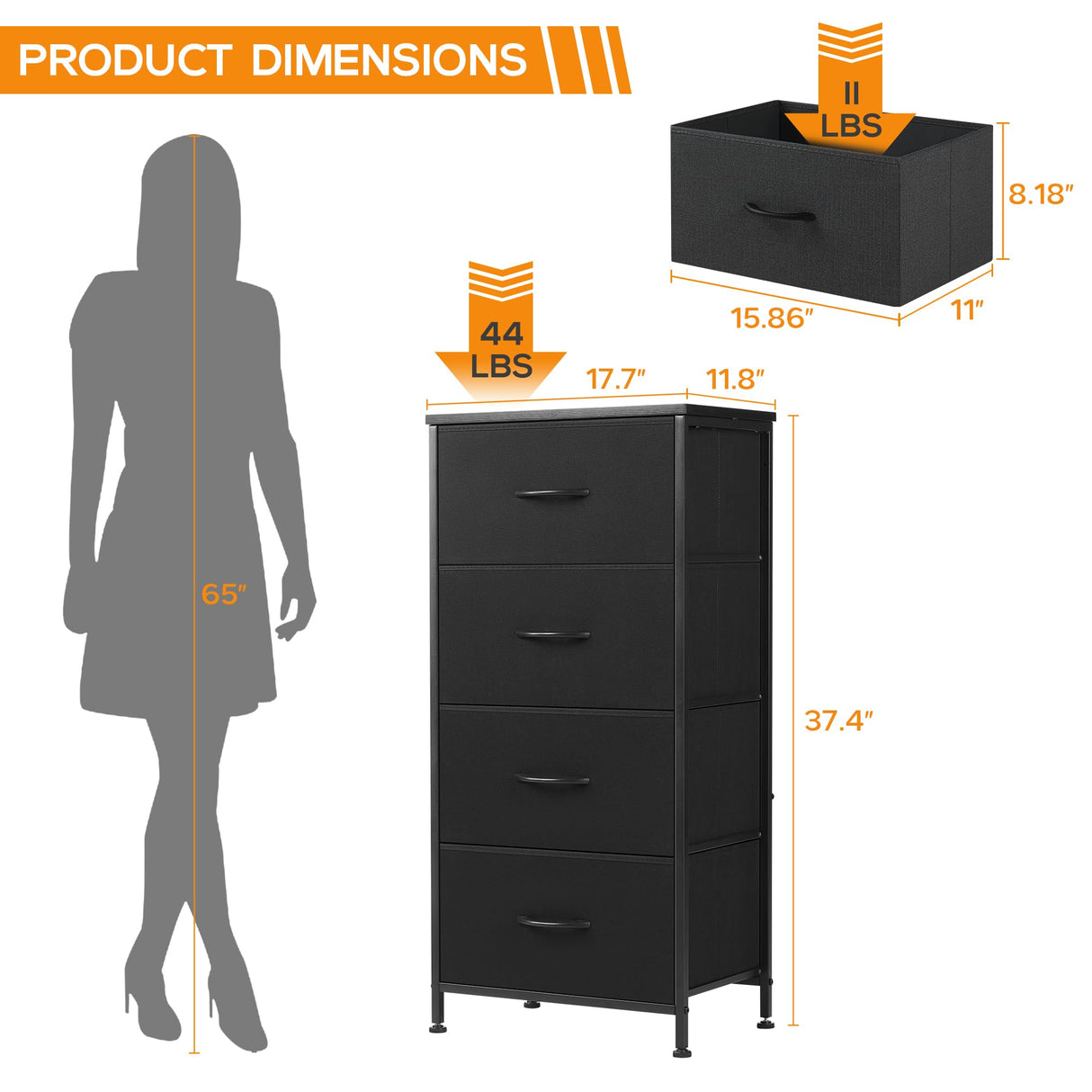 DUMOS Dresser for Bedroom 4 Storage, Tall Fabric Closet Chests Organizer Tower Furniture with Wooden Top Metal Frame for Clothes, Kids, Living Room, Hallway, Entryway, 4-Drawer, Black DUMOS