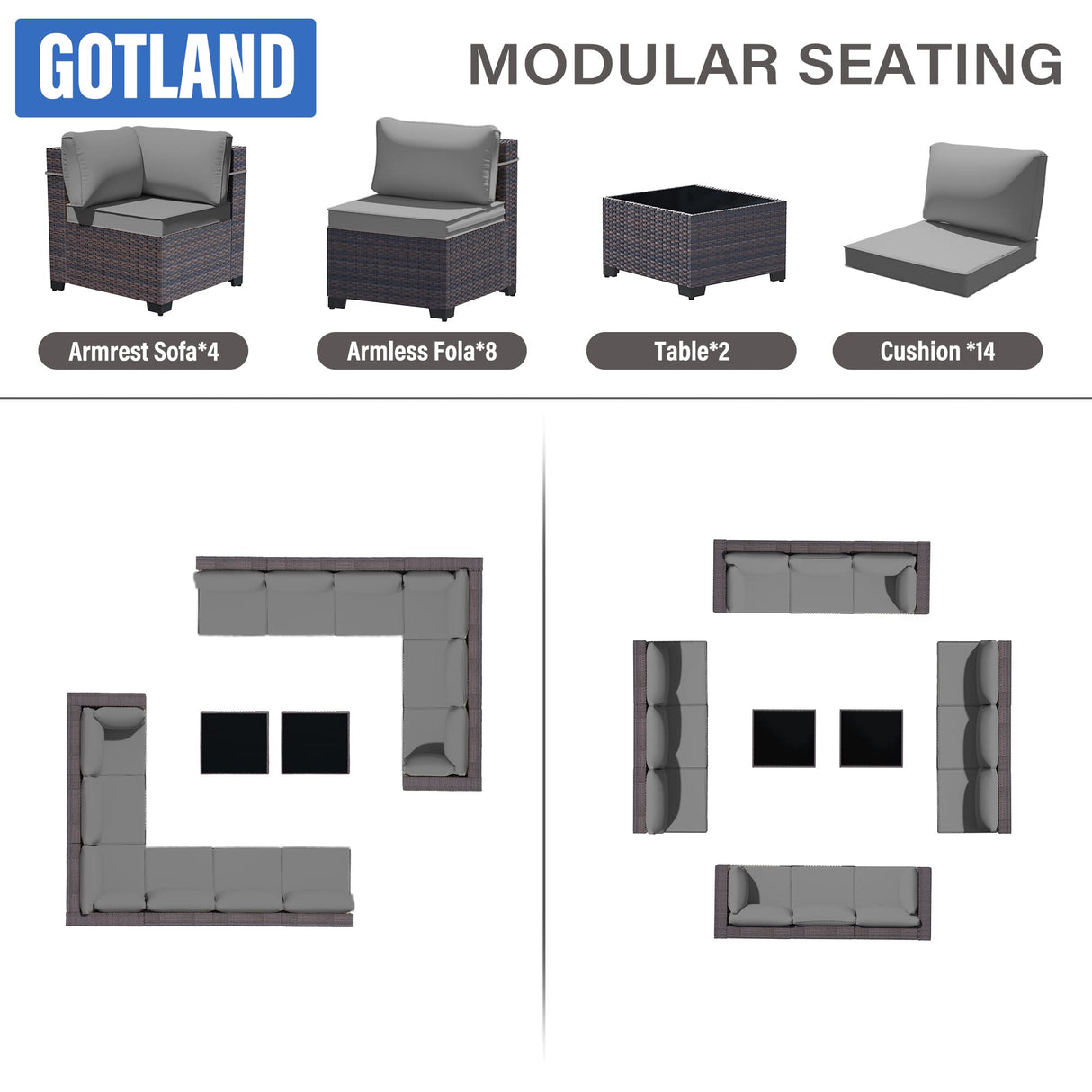 Gotland 14 Pieces Patio Furniture Set Outdoor Sectional Wicker Furniture All-Weather PE Rattan Patio Conversation Sets w/12 Replaceable Grey Waterproof Cushions and 2 Coffee Table Gotland