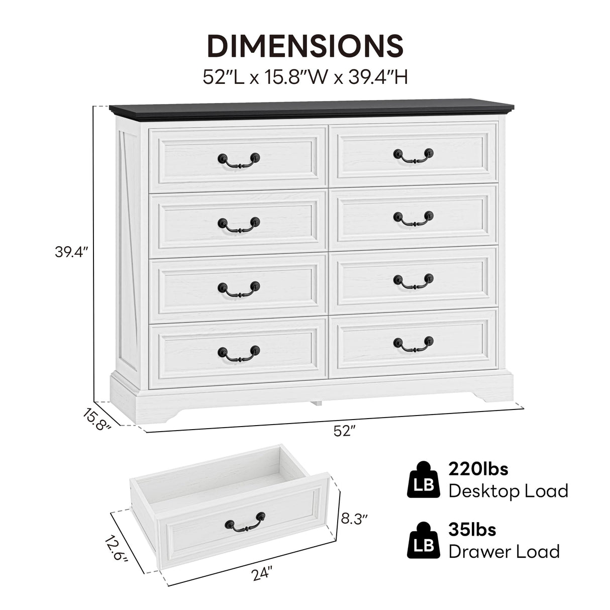 LIKIMIO Farmhouse 8 Drawer Dresser for Bedroom, 52" Wide Dresser Drawers with Storage, Rustic Wooden Chest of Drawers for Bedroom, Hallway, Antique White LIKIMIO