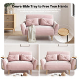 Brelice Loveseat Sofa, 47" Velvet Couch for Bedroom, Convertible Wooden Tray & Ergonomic Armrest, for Small Space, Apartment, Living Room, Home Office, Easy Assembly, Pink Brelice