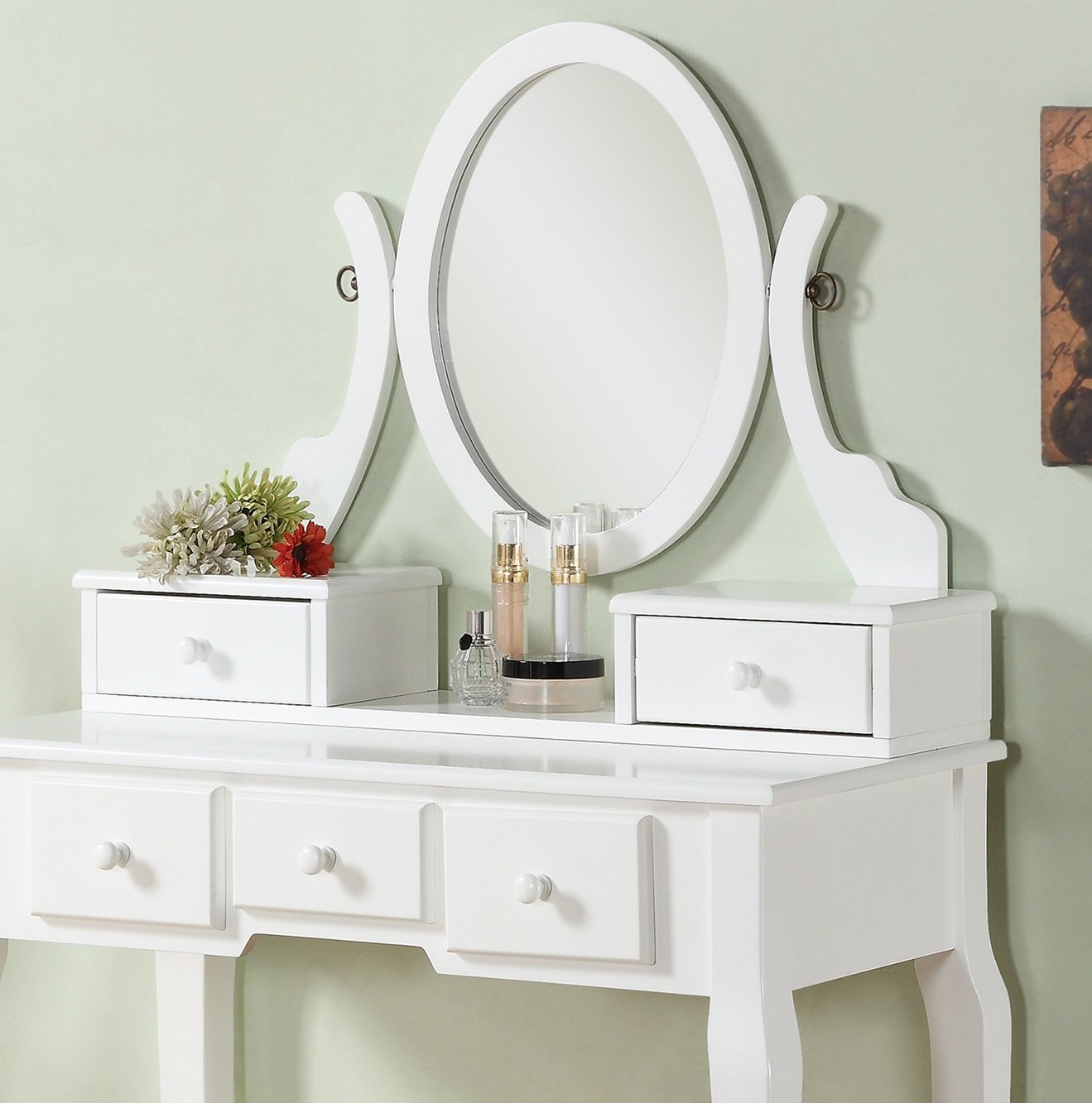 Roundhill Furniture Ashley Wood Make-Up Vanity Table and Stool Set, White - WoodArtSupply