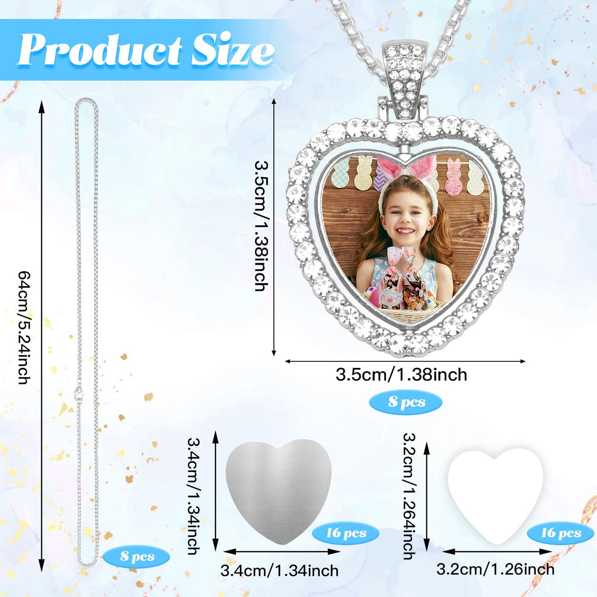 ZYNERY 48 Pcs Sublimation Rhinestone Trays Pendant Set, Sublimation Necklace Blank with Chain, Includes 8 Double Sided Blank Rhinestone Bezel Trays, 8 Chains, 16 Sublimation Discs, 16 Tapes (Heart) ZYNERY