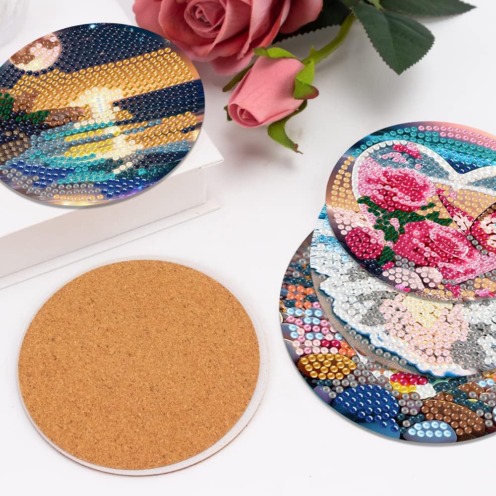 igoodom 8 Pcs Beach Diamond Art Coasters Kit with Holder, DIY Beach Diamond Painting Coasters for Beginners Adults, Non Slip Diamond Art Kits Craft Supplies 4x4inch igoodom