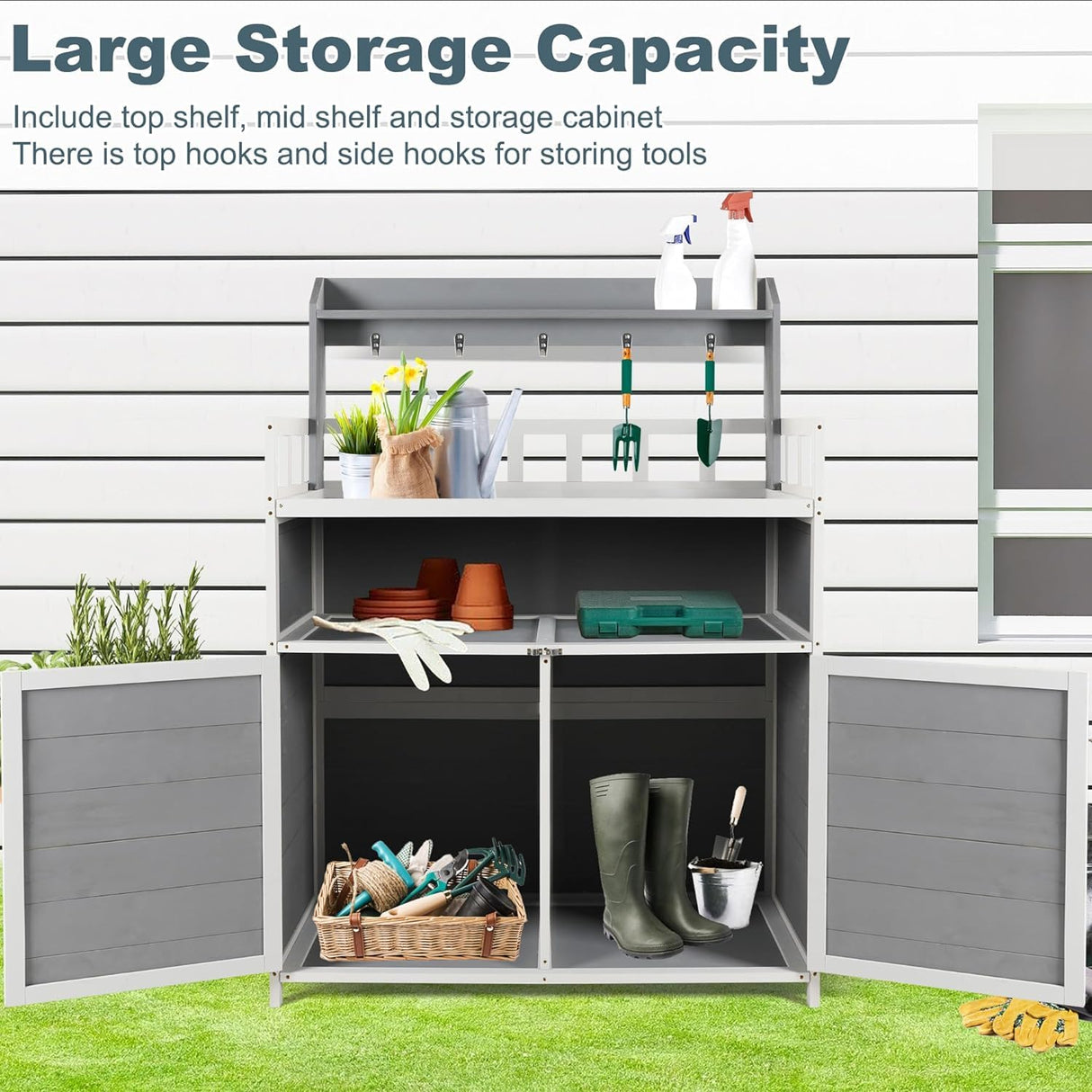 GRAVFORCE Outdoor Potting Bench Table, Garden Potting Benches for Outside Planting Work Bench Table Wooden Storage Plant Table Cabinet Gardening Table for Patio, Garden, Greenhouse, Backyard (Gray) GRAVFORCE