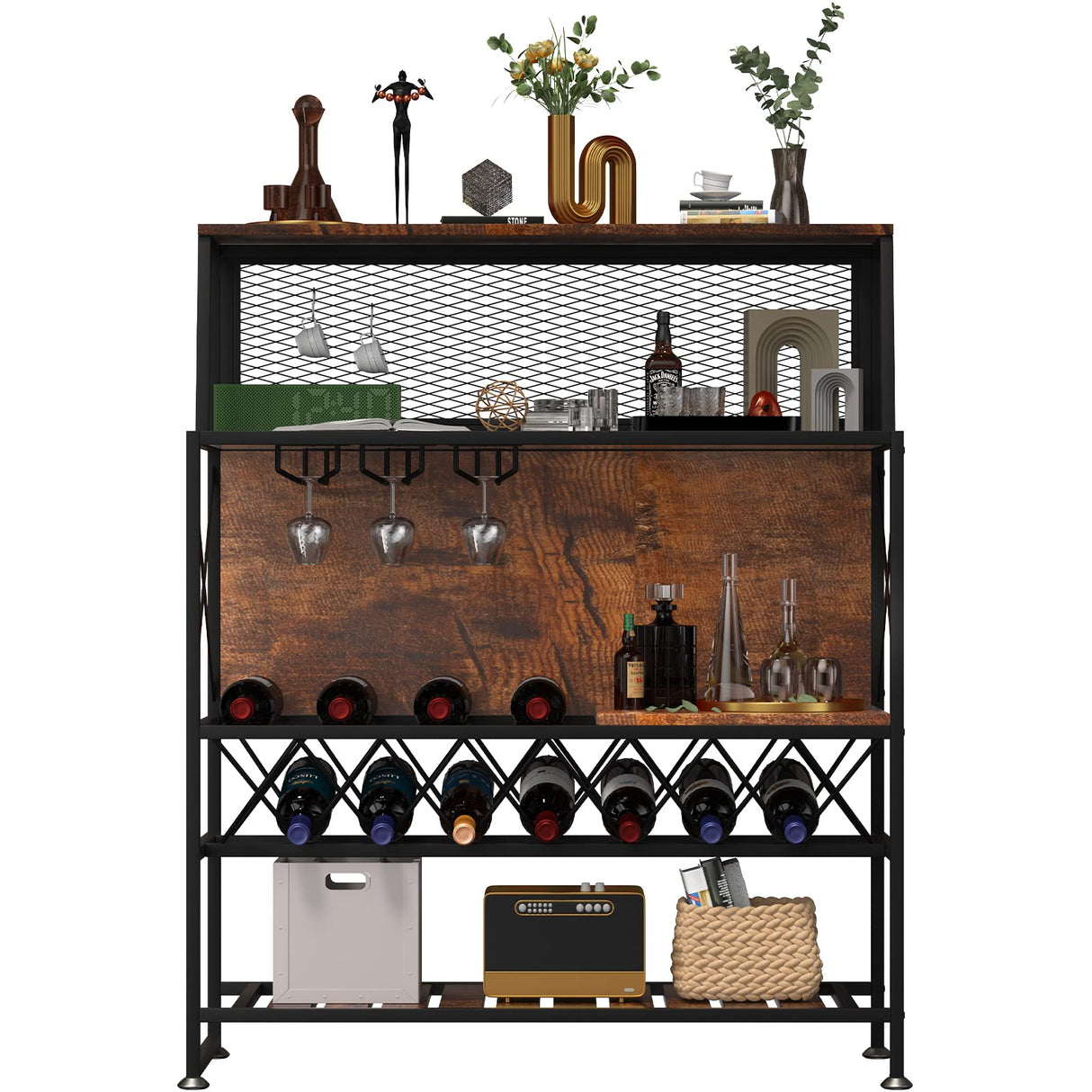 Industrial Rustic Brown Wine Rack and Home Bar Table with Glass Holder by VEVOR VEVOR