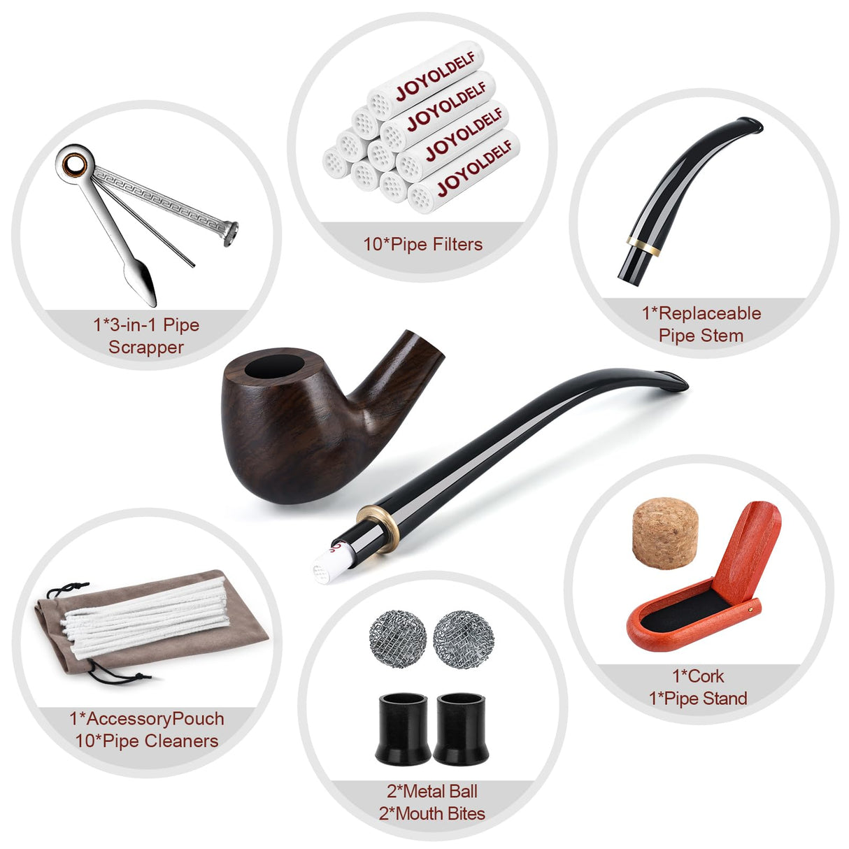Joyoldelf Ebony Tobacco Pipe Set - Handmade Smoking Pipe with Replaceable Stem, Wood Pipe with Pipe Stand, 9mm Filter and Smoking Accessories, Pipe Starter Kit with Gift Box for Beginner Joyoldelf