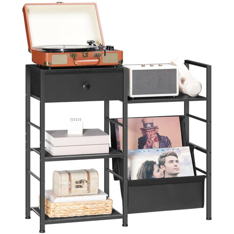 HOOBRO 4-Tier AV Media Stand with Drawer, Stereo Cabinet, Media Console, Stereo Stand, Video Game Console Shelf, Record Cabinet, Entertainment Center Device Stand, Black BB75CJ01 HOOBRO