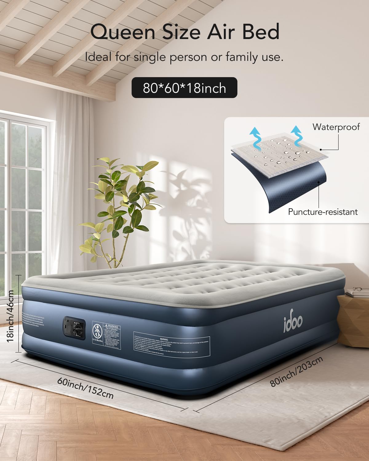 iDOO Queen Air Mattress with Built in Pump, 18 Raised Comfort Blow up Mattress, Upgraded Four Chamber Airbed, Inflatable Mattress for Guests and Home, colchon inflable, Air Bed, 650 lbs Max iDOO