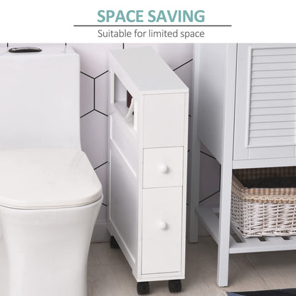 HOMCOM White Rolling Narrow Bathroom Storage Cabinet with Drawers and Open Shelf - WoodArtSupply