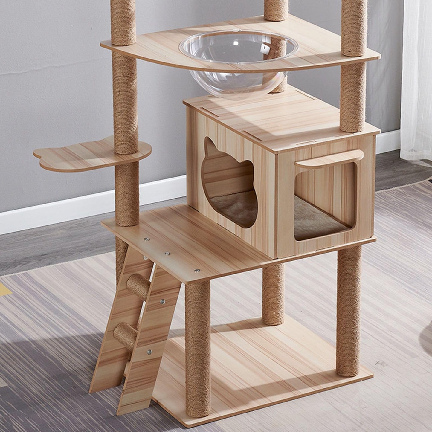 Oceskyha Cat Tree, Modern Cat Tree Tower for Indoor Cats - 67" Tall Wood Condo with Hammock, Scratching Post and Toy for Small Large Cats (Natural Color 01) - WoodArtSupply