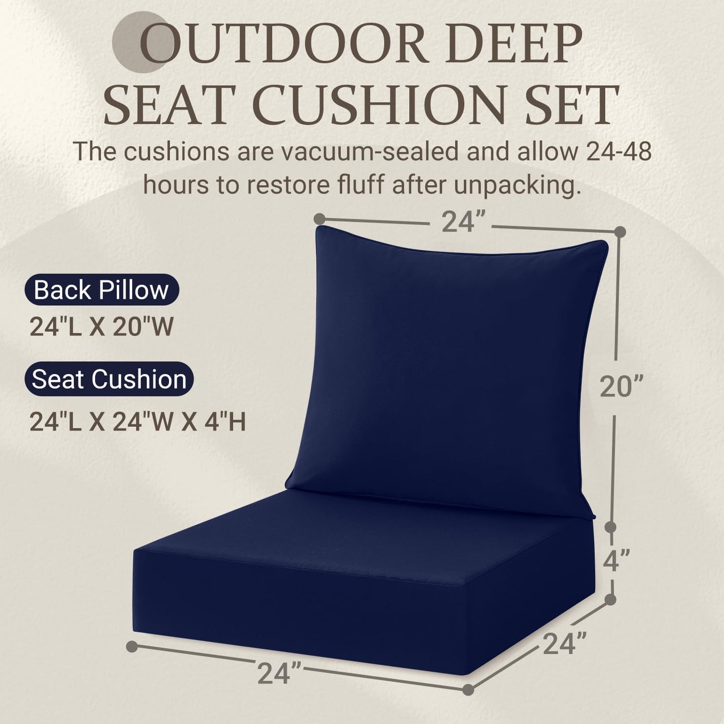 downluxe Outdoor Deep Seat Cushions Set, Waterproof Memory Foam Patio Furniture Cushions with Zipper for Outdoor Chair Sofa, 24" x 24", Navy, 2 Piece Set - WoodArtSupply