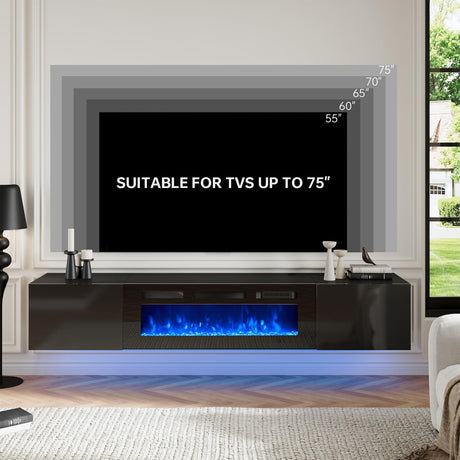 oneinmil 70" Floating TV Stand with 36" Electric Fireplace, Wall Mounted Fireplace Entertainment Center with Storage, Fire Place TV Console with, All Black oneinmil