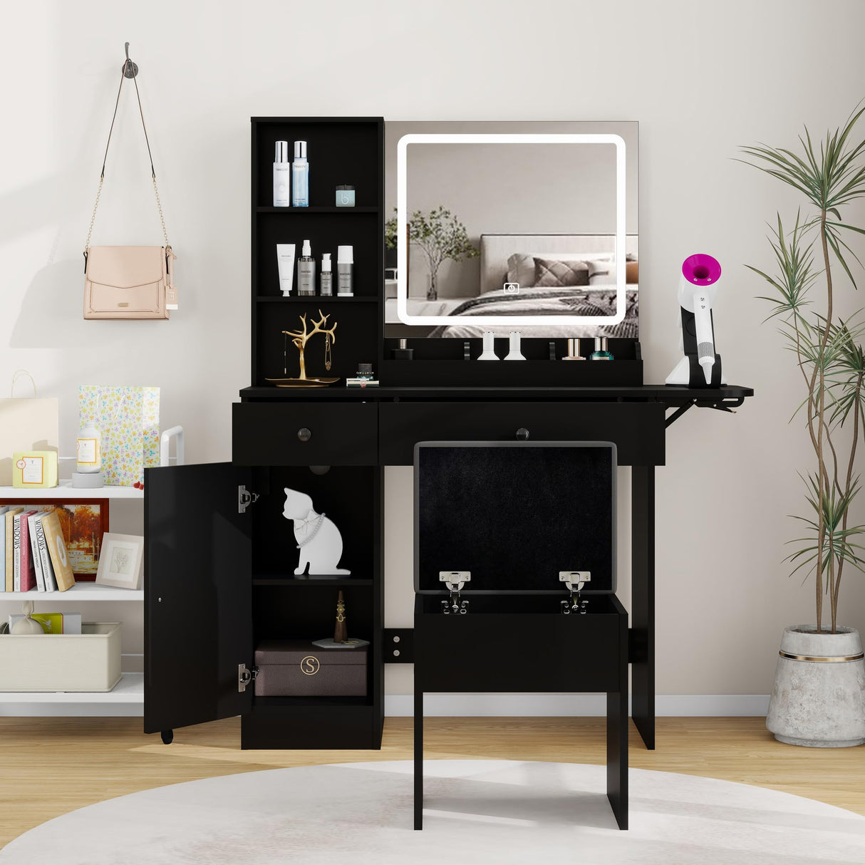 Vanity Desk Set with Mirror and LED Lights, Makeup Table with 2 Drawers & 1 Cabinet, Power Outlet, Storage Cushioned Stool, Dressing Table for Bedroom (Black) Panana
