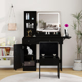 Vanity Desk Set with Mirror and LED Lights, Makeup Table with 2 Drawers & 1 Cabinet, Power Outlet, Storage Cushioned Stool, Dressing Table for Bedroom (Black) Panana