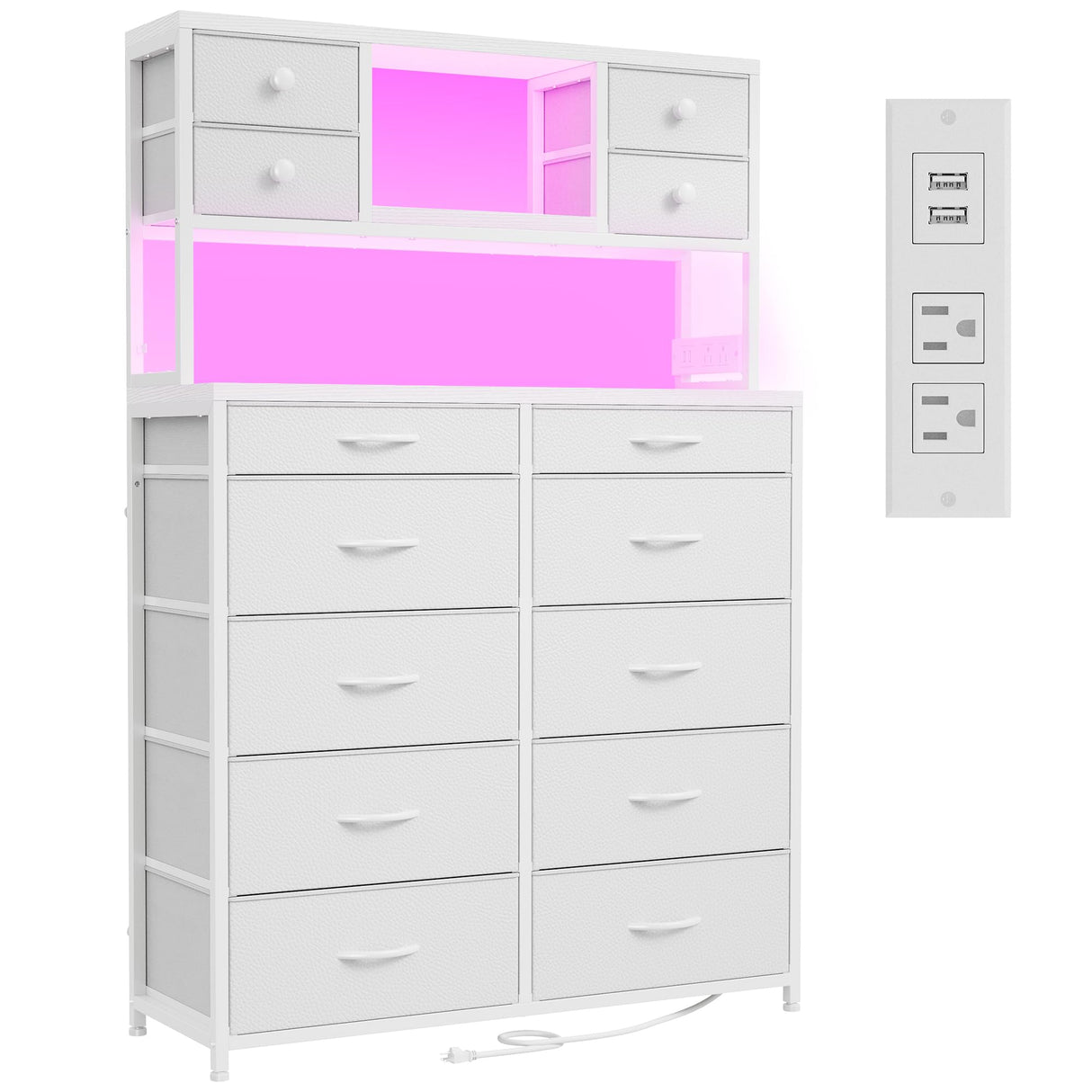 62.8" H Dresser for Bedroom with 14 Fabric Drawers,White Dresser with Charging Station and LED Lights,Dressers & Chests of Drawers for Bedroom, Steel Frame & Wooden Top, Entryway EnHomee