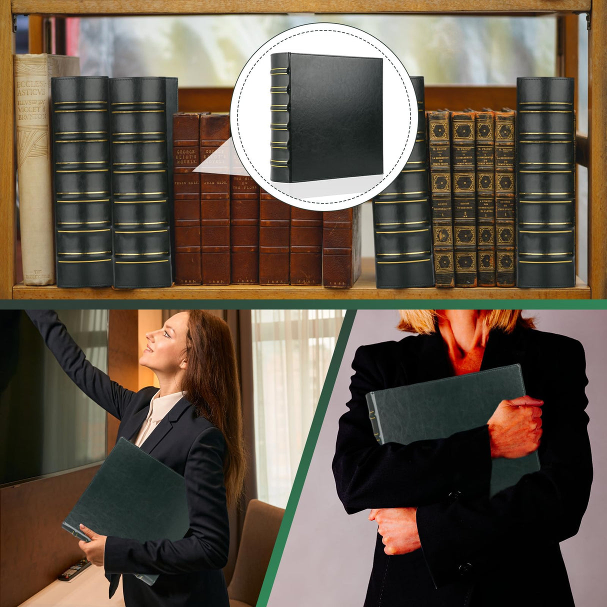 Vintage 3 Ring Binder, 2 Inch Capacity D Ring Leather Binder, Classical Collection Executive Presentation View Binder with Pocket, Professional Binder Organizer Planner (Holds 400 Sheets), Dark Green LETVPVOW