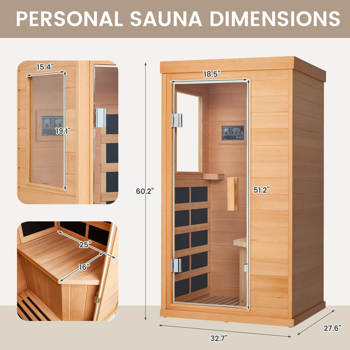 BNEHS 1 Person Infrared Sauna, Hemlock Wooden Indoor Dry Saunas，Full Spectrum Mini Sauna with 4 Heater Panels, Bluetooth Speaker, Tempered Glass Door, Compact and Easy to Use, 110V BNEHS
