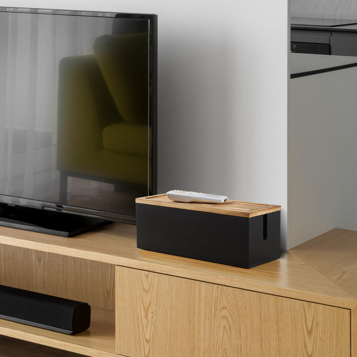 Bivvclaz Large Cable Management Box, Wooden Cord Organizer Box for Under Desk TV Computer Router USB Hub to Cover and Hide Extension Cords Power Stripes Surge Protectors Chargers Wires, Black Bivvclaz