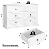 HOSTACK 6 Drawer Double Dresser, Modern Farmhouse Chest of Drawers, Wide Dressers Organizer, Accent Wood Storage Cabinet for Living Room, Hallway, White HOSTACK