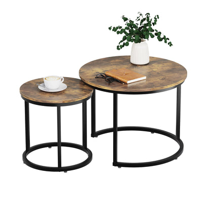 Smuxee Nesting Coffee Table Set of 2, 23.6" Round Coffee Table Rustic Wood Top with Adjustable Non-Slip Feet, Industrial End Table Side Tables for Living Room Bedroom Balcony Yard - WoodArtSupply