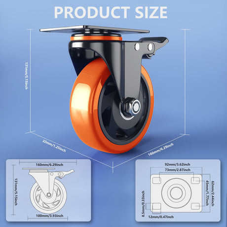 4 Inch Caster Wheels Heavy Duty 2200Lbs, Casters Set of 4 with Safety Dual Locking, Swivel Industrial Plate Casters, No Noise Wheels for Cart, Furniture(Bonus of 2 Hardware Kits & Gloves) WOZESEIK