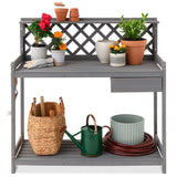 Best Choice Products Outdoor Garden Potting Bench, Wooden Workstation Table w/Cabinet Drawer, Open Shelf, Lower Storage, Lattice Back - Gray Best Choice Products