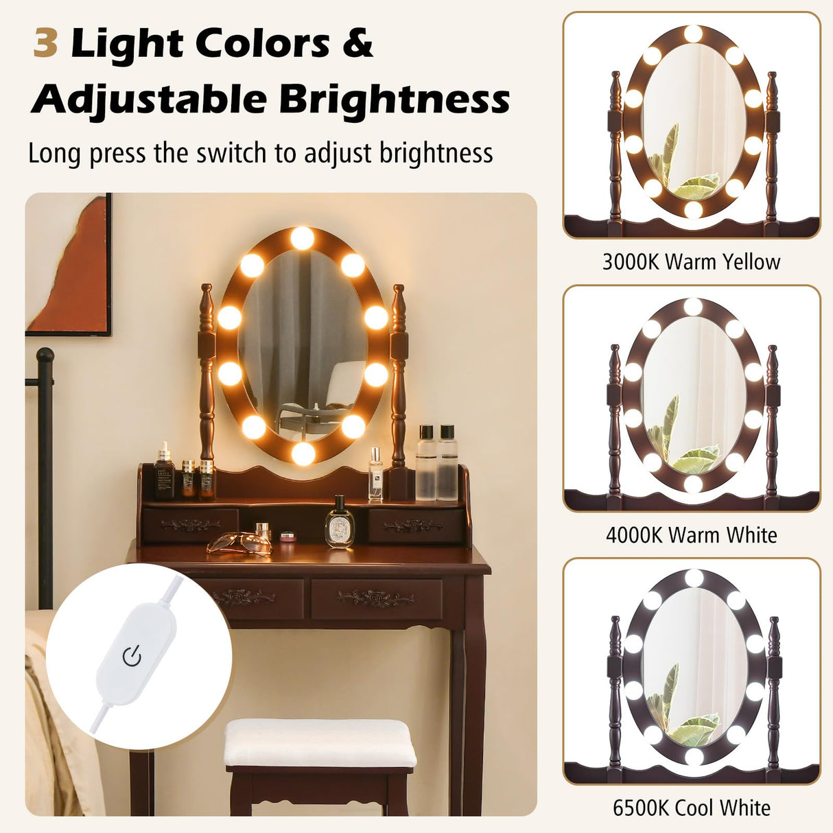 GOFLAME Vanity Table Set with Lighted Rotatable Mirror, Dressing Table with 3-Color Lights & Adjustable Brightness, Makeup Desk with Cushioned Stool for Dressing Room, Bedroom (Brown) GOFLAME