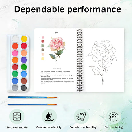 Watercolor Workbooks, 16 Colors Water Color Books Paint Set for Adults, Watercolor Coloring Book for Beginners, Water Color Workbook, 15 Beautiful Paintings for Beginners (Plants) Terself