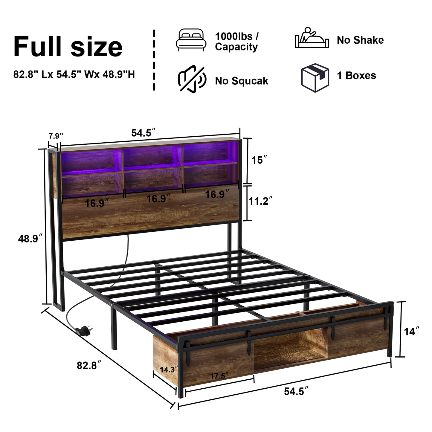 Farmhouse Full Size Bed Frame with Bookcase Headboard and Sliding Barn Door Storage Cubbies,LED Light and Charging Station,Rustic Wood Platform Bed,Metal Slats Support,No Box Spring Needed,Noiseless