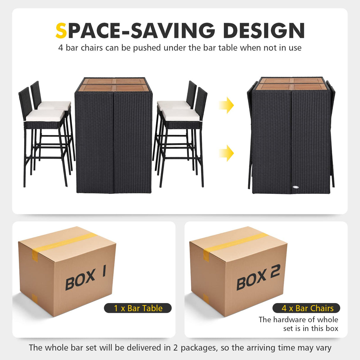 HAPPYGRILL 5 Pieces Rattan Outdoor Bar Set with Height Table & 4 Cushioned Bar Stools, Patio Bar Set Wicker Dining Set for Poolside Patio Backyard HAPPYGRILL