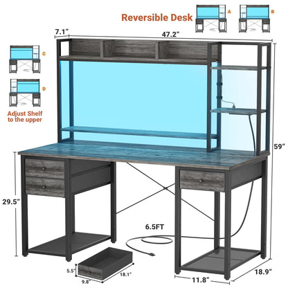 Aheaplus Desk with LED and Outlets, Gaming Desk with Hutch, 47.2'' Computer Desk with Drawers, Reversible office desk with storage bookshelf Large Workstation Desk with Shelf, Desk for Home, Black Oak