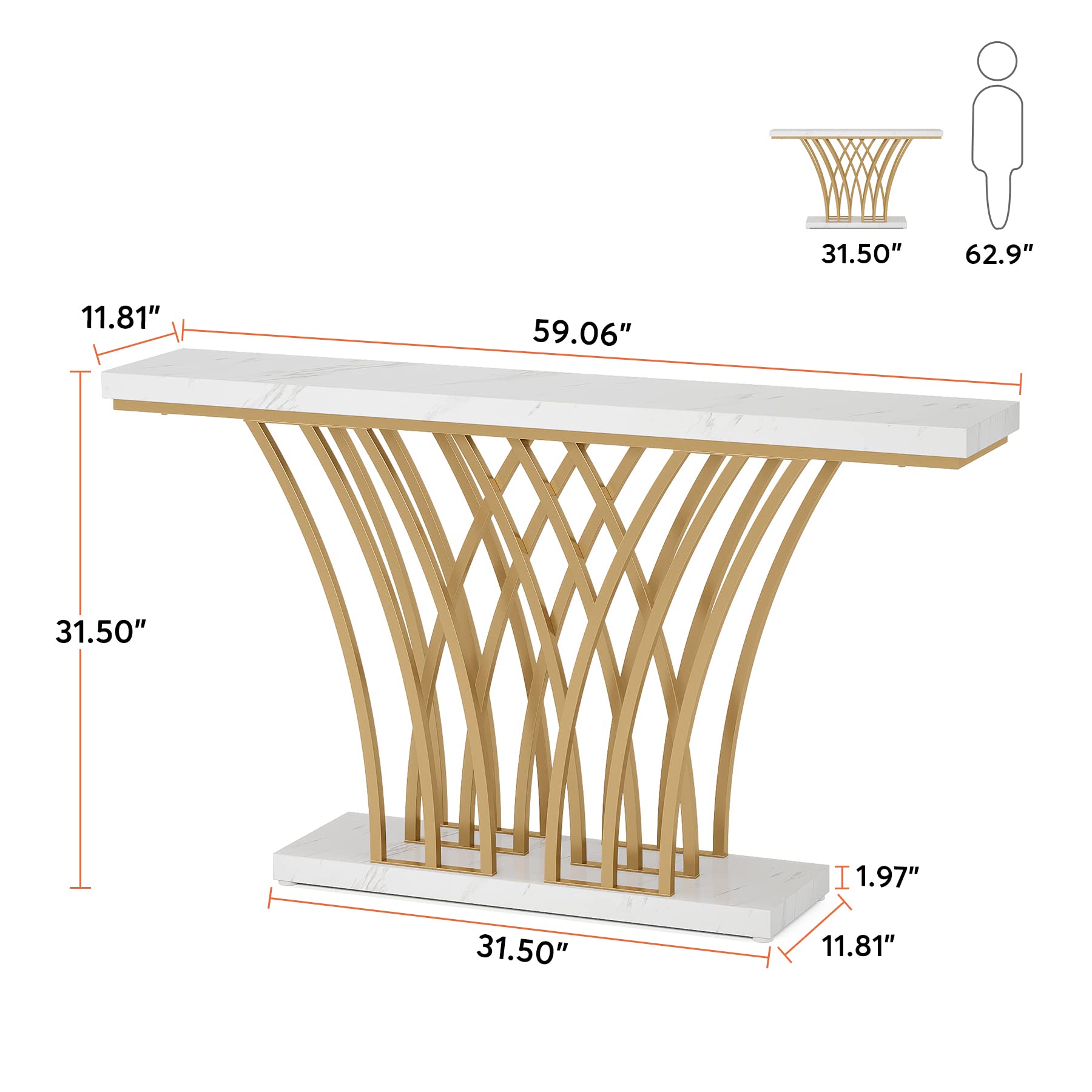 Tribesigns 59 inch Gold Console Table, Modern Entryway Table with Grid-Shaped Metal Base for Entrance, Hallway, Entryway, Living Room(White Faux Marble & Gold) - WoodArtSupply