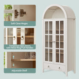 Farmhouse Arched Cabinet with Glass Doors, Wood Display Cabinet with Drawer and Adjustable Shelves, 71” Kitchen Pantry Tall Bookshelf Modern China Cabinet for Living Room,Office (Antique White) RowyPoey
