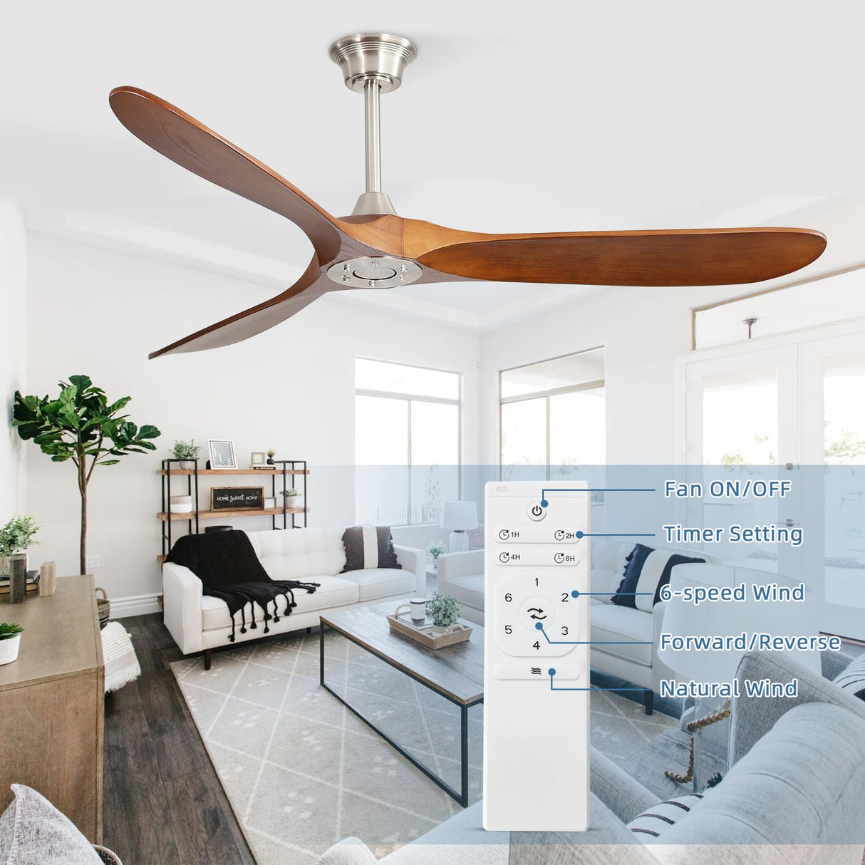 CACI Mall 60 inch 3 blade wood ceiling fan no Light, Solid, Quiet, Reversible DC Motor, Outdoor, Indoor Ceiling Fan for Living Room, Patio, Bedroom, Porch, Farmhouse CACI Mall