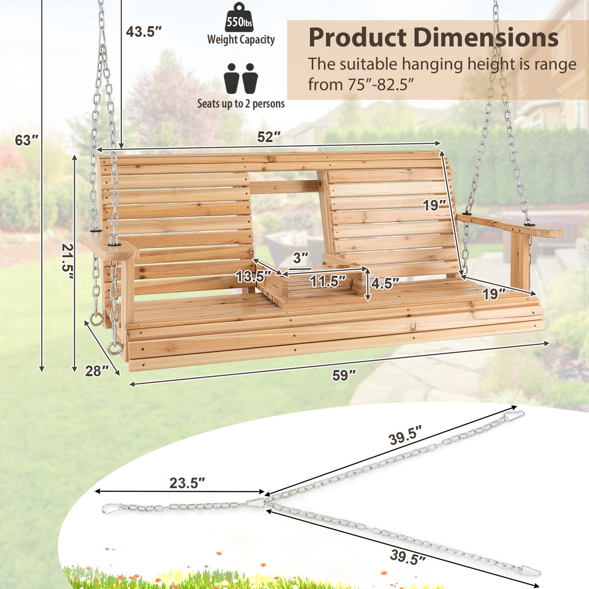 Tangkula 2 Person Hanging Porch Swing, Outdoor Bench Swing with Adjustable Chains, Foldable Cup Holders, High Back, Cozy Armrests, Wooden Hanging Swing Chair for Backyard Deck Garden Natural Tangkula